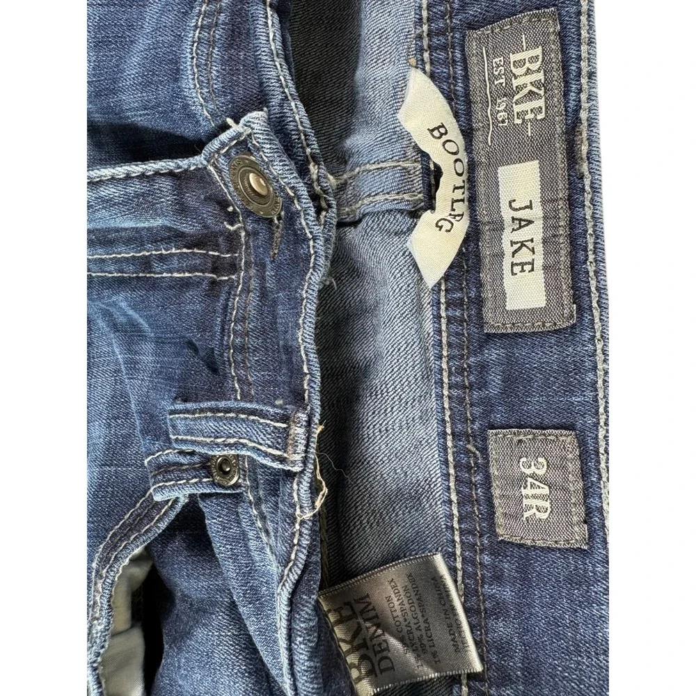 BKE Jake Jeans Mens 34R Blue Distressed Bootcut Grunge Denim Western Cowboy